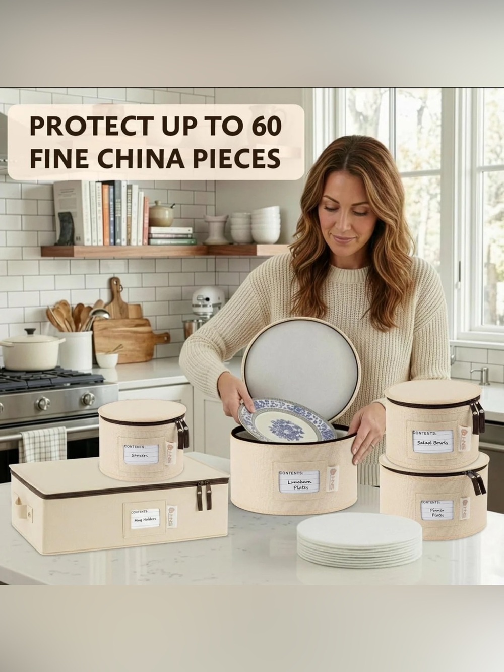 Cream Ceramic Plate Storage Set with Protective Cushions